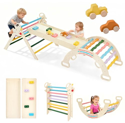 DUMOS Pikler Triangle Set, Toddler Climbing Toys and Play Structure Indoor, 9-in-1 Wooden Montessori Climbing Set with Arch, Ramp and Ladder, Foldable Baby Jungle Gym, Rainbow