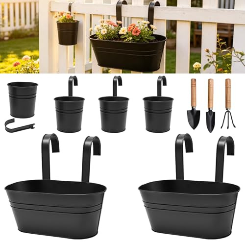 Shocanm 6er Set Blumenkasten Balkon, Metall Blumenkasten Balkongeländer, Blumentopf Hängend mit Abflussloch und Abnehmbarem Haken, Blumentöpfe zum Aufhängen for lkon Zaun Garten Heim