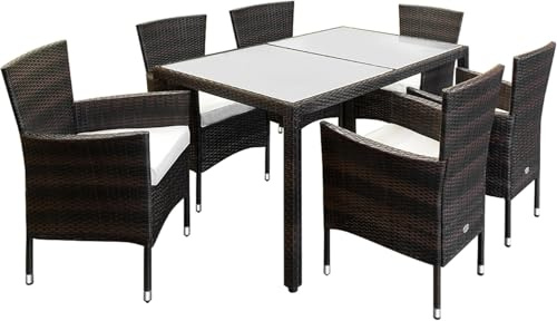 CASARIA® 6+1 Monaco Polyrattan Outdoor Dining Furniture Set | Rectangular Glass Top Table | 6 Poly Rattan Stackable Armchairs | with Cream Cushions | Garden Patio Balcony Seating Group | Brown