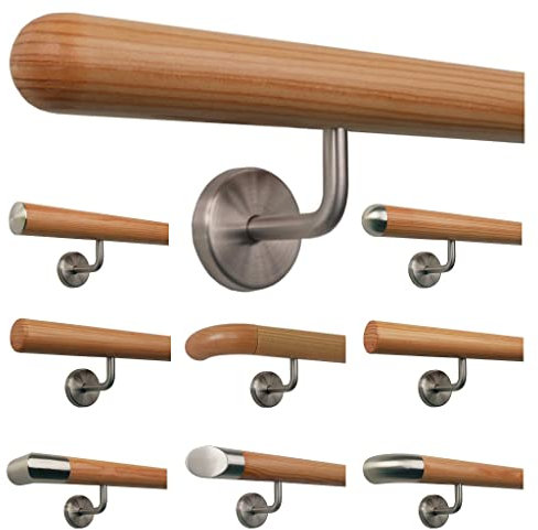 Lärche Holz Treppe Handlauf Geländer Griff gewinkelte Edelstahlhalter, Länge 30-500 cm aus einem Stück/Variante:290 cm mit 4 Halter - Enden:Halbkugel gefräst