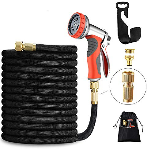 LUFENG Upgraded Expandable Hose 150FT 45M Garden Hose with Double Latex Core Hose Pipe Solid Brass Fittings 9 Function Metal Spray Gun Nozzle Wall Hanger for Gardening Car Washing Pet Bathing (150FT)