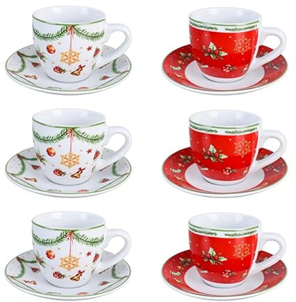 Villa Altachiara Tazzine Caffè Joy, Set 6 Pezzi in Porcellana con Piattino (3 Bianche + 3 Rosse) – Tazzine Caffè Particolari con Decorazioni Natalizie, Elegante Idea Regalo per le Feste