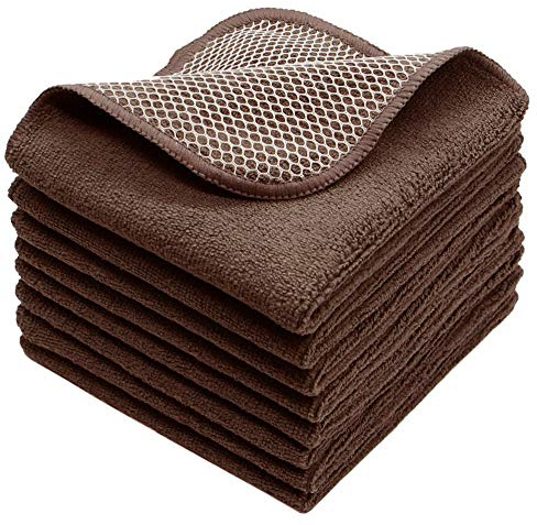 VeraSong Microfiber Dish Cloths Fast Drying Kitchen Cleaning Cloth Dish Rags Dust Cloths Ultra Absorbent Lint Free Washcloths with Poly Scrub Side 12inch x 12inch 8 Pack (Brown)
