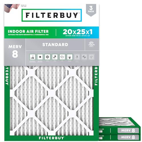 FilterBuy 20x25x1 Air Filter MERV 8, Pleated HVAC AC Furnace Filters (3-Pack, Silver)