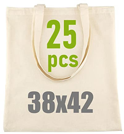 IDEA HOME 25 Stück Baumwolltasche 38x42cm- Jutebeutel Groß - Stoffbeutel Unbedruckt, Personalisierung Möglich – Bestickung oder Bemalung - Stofftasche mit zwei langen Henkeln