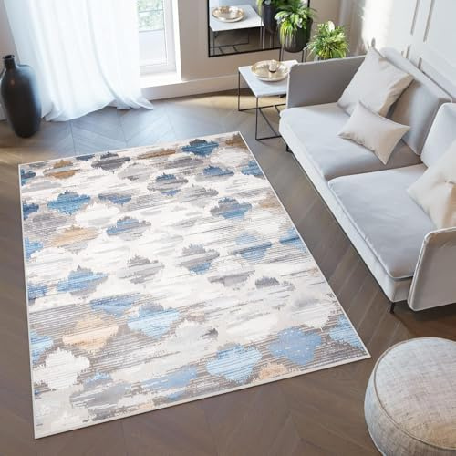 TAPISO Valley Teppich Kurzflor Beige Grau Blau Kleeblatt 300 x 400 cm | Marrokanisch Verwischt Meliert Schlafzimmer Wohnzimmer OEKO-TEX