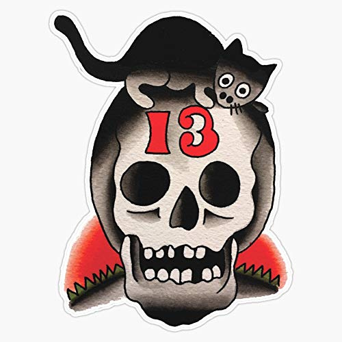 Traditional Lucky 13 Cat On Skull Tattoo Design Waterproof Vinyl Window Bumper Sticker Decal 5