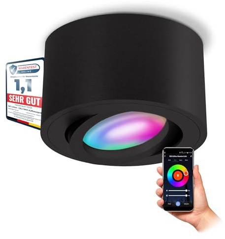 SSC-LUXon CELI-1B Aufbauspot schwarz rund Smart GU10 RGB WLAN schwenkbar | Smarter Aufbaustrahler schwarz gebürstet mit RGB GU10 - 16 Mio Farben per App & Sprache, schwenkbar, WLAN ohne Hub, für Flur