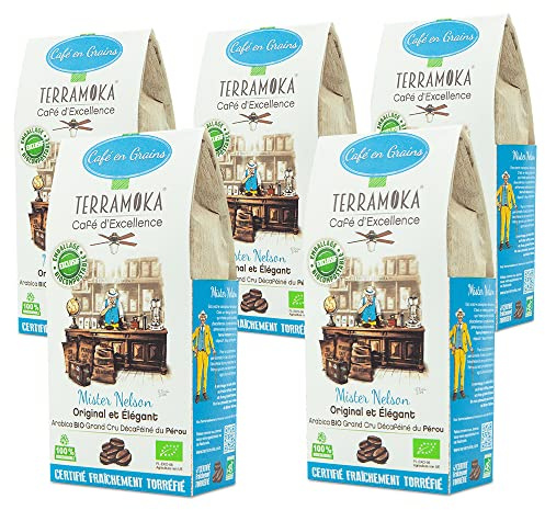 TERRAMOKA - 1KG Café Grains Décaféiné Bio d’excellence (5 * 200g) - 100% Pur Arabica du Pérou - Fruité, Nuancé et Racé - Sachet 100% Recyclable - Mister Nelson - Torréfié en France