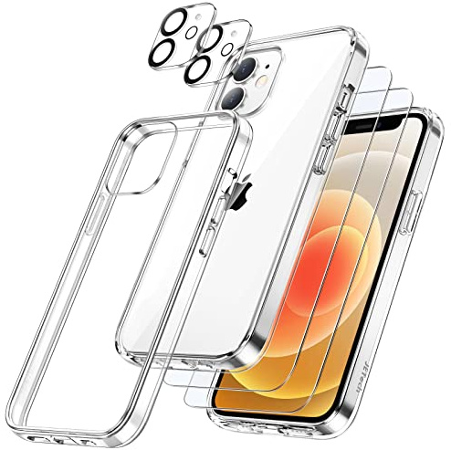JETech 5-in-1 Hülle für iPhone 12, Anti-Vergilbung, Durchsichtig | 2 Gehärtete Glas Schutzfolien, 2 Kameraschutz Folien, Stoßfest Handyhülle