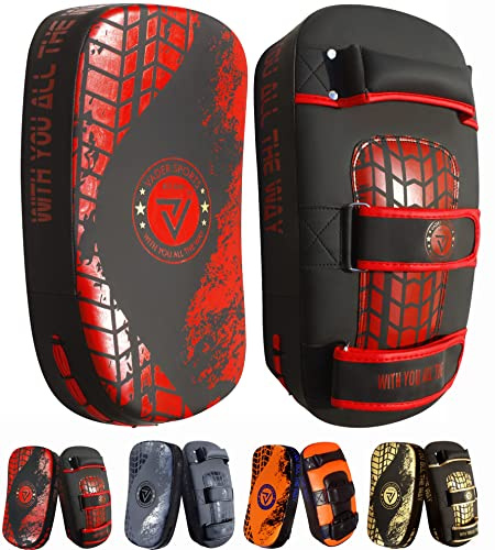 VADER Thai Pads for Kickboxing Muay Thai Kick Pad Pre-Curved Punching Training Strike Shield for Boxing MMA Martial Arts Taekwondo Coaching Kicking Target Focus Pad (Red/Black, Pair Kick Pad)