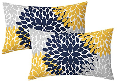 Lot de 2 housses de coussin lombaire élégantes à motif floral dahlia, bleu marine, jaune et jaune, 30,5 x 50,8 cm, décoration d'intérieur pour canapé, chambre, lit, coussin d'extérieur