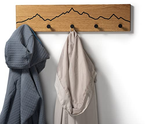 WOODS Garderobe aus Eichenholz mit Berg Motiv | handgefertigt in Bayern | Garderobenleiste Holz | Hakenleiste Wandgarderobe Flur & Bad (schwarze Haken, 40cm (3 Haken))
