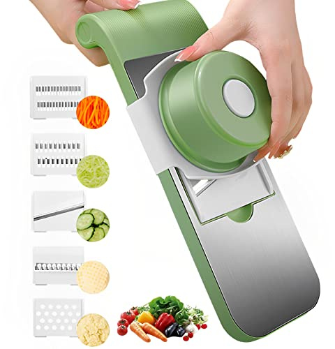 Gemüseschneider, Multifunktion Gemüsereibe Manuell 5 Austauschbare Klingen Gemüsehobel Kartoffelschneider Gemüsehobel Vegetable Chopper (Grün mit Handschutz)