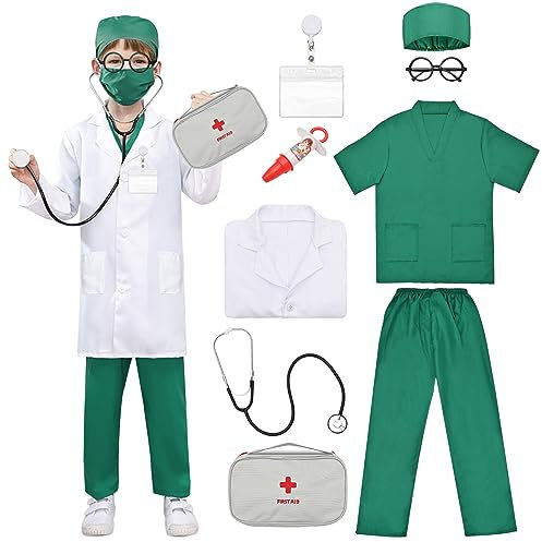 Ansamy Arztkoffer Kinder Kostüm Cosplay Arzt, Kinderkostüm Set mit Spielzubehör für Mädchen Jungen, Lernspielzeug Geschenke für Kinder 4 5 6 7 8 9 10 Jahre (Grün, 120)