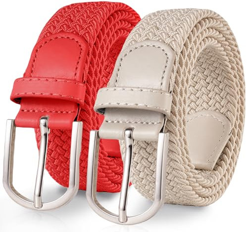 TANGCHAO 2 Stücke Stoffgürtel Stretchgürtel Elastik Flechtgürtel Geflochtener und Elastischer Dehnbarer Gürtel für Damen und Herren Breite 3.3cm Rot+Beige 100cm