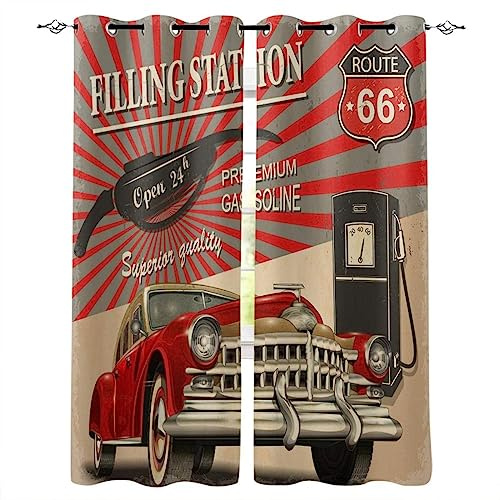 TEMLAN US Route 66 Kinder Gardinen Retro-Autotankstelle Vorhänge Blickdicht Mit Ösen, Digitaldruck 3D Thermogardine Für Schlafzimmer Wohnzimmer 2Er Set (140 x 160cm)