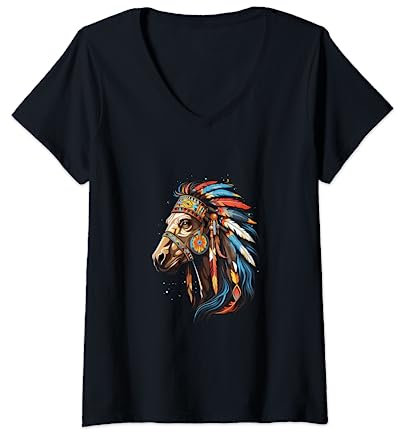 Pferd Indianer Kopfschmuck Feder Stammespferde T-Shirt mit V-Ausschnitt