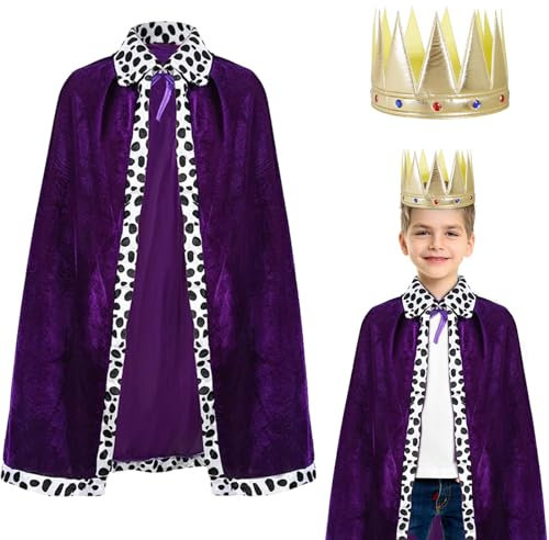 DKINY 90cm Cape Roi Enfants Violet Costume Royale avec Couronne Déguisement Manteau Royal en Velours pour Cosplay Prince Roi Reine Deguisement Épiphanie Carnaval Halloween Fête