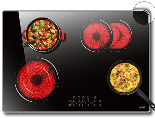 Piano Cottura Vetroceramica 4 Fuochi, Piano Cottura in Vetroceramica 60CM, Comando Sensor-Touch, 6600W, Doppia Zona, Zona Ovale, 9 Livelli di Potenza, Timer, senza Spina