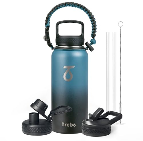 Trebo Insulated 1 L Stainless Steel Water Bottle with Paracord Handle & Bag | Triple Wall Vacuum Metal Flask with Straw Spout Wide Mouth Lids, Dishwash safe, Keeps Cold 48 Hrs, Leakproof, for Travel, Gym