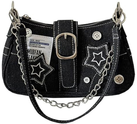 LYEAA Lässige Clutch für Damen, große Kapazität, Y2K Stern, Denim, Unterarmtasche, Retro-Knöpfe, einfarbig, schick, Hobo-Ketten-Tasche, Pink/Weiß/Blau/Schwarz,