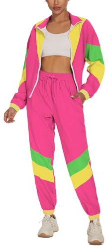 UOUA Women's Color Block 2 Piece 80s 90s Outfits Long Sleeve Windbreaker Jacket Tracksuit Set Pink M
