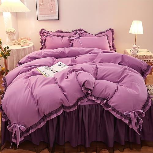 GETIYA Damen Mädchen Bettwäsche 135x200 Lila Bettwäsche mit Rüschen Unifarben Bettbezug Zweiteilig Weich Mikrofaser Bettwaesche mit Schleife Rüschen Deckenbezug mit 1 Kissenbezug 80x80