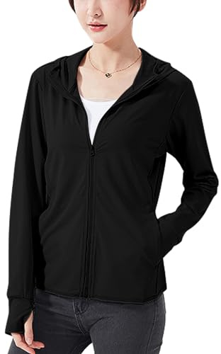 Sukany Women's UPF 50+ Sun Protection Hoodie Running Lightweight UV Jacket Athletic Thin Zip Up Outdoor Hiking Long Sleeve SPF Shirt with Thumb Holes Black S