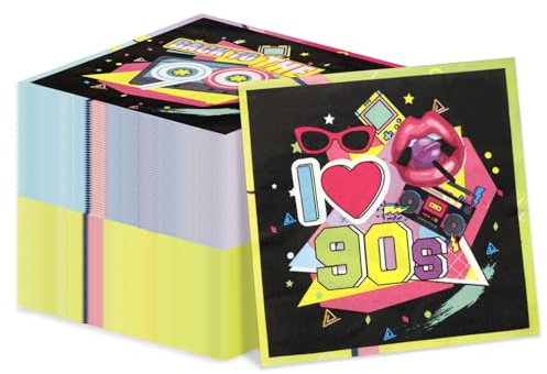 Hegbolke 100pcs 90er Jahre Servietten - 90er Jahre Party Dekorationen Bunte 90er Jahre Hip Hop Servietten für zurück in die 90er Jahre Thema Geburtstagsfeier Zubehör, 33 x 33 cm