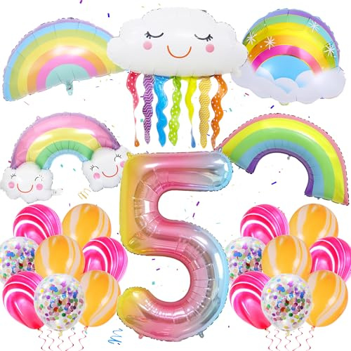 Geburtstagsdeko Mädchen 5 Jahre - Regenbogen Party Set 22 Stück, Farbverlauf Nr. 5, Lächelnde Quasten