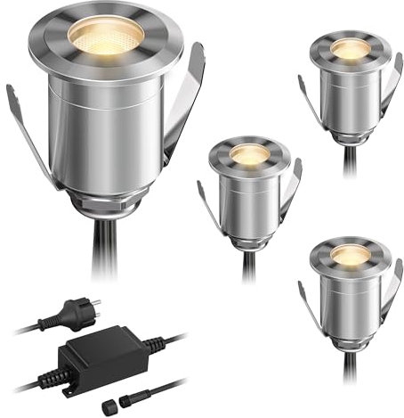 ledscom.de Lámpara LED empotrada en el suelo BINO para exteriores, IP67, 32mm Ø, blanco cálido, juego de 4