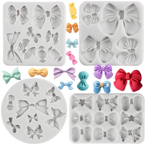 MYPRACS Mini Bows Silicone Fondant Moulds Bow Fondant Sugar Mould for Birthday Wedding Party DIY Cake Decorating Cupcake Topper Candy Polymer Clay Chocolate Gum Paste Set of 4