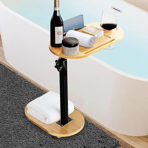 vookutus Comodino Camera da Letto in Stile Industriale, Tavolino da Letto, Altezza regolabile, Comodino Piccolo Vassoio per Vasca da Bagno Bambù, Salvaspazio Tavolino Divano Laterale