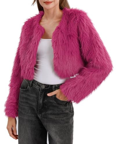 Amazhiyu Women Faux Fur Open Front Coat-Winter Long Sleeve Warm Crop Jacket Red S