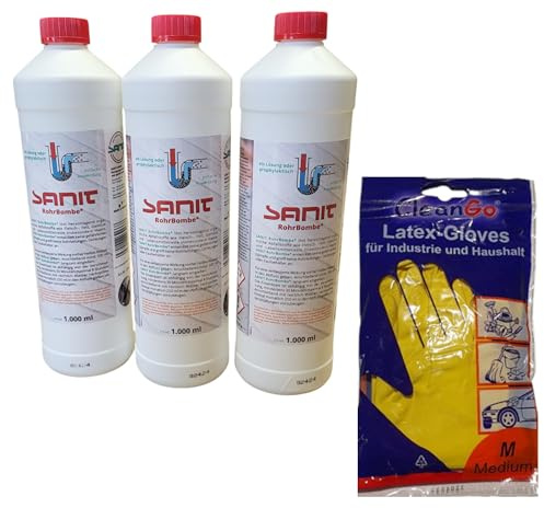zbs24 Sanit RohrBombe Rohrreiniger, 3 x 1000ml | Säurefrei, Löst Verstopfungen durch Haare, Inkl. Latex Haushaltshandschuhe, Alternative Rohrreiniger