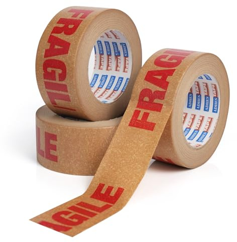 ADHES 3ROLLS Fragile Packing Tape 50mm x 50m Fully Recyclable Parcel Tape Brown Kraft Fragile Tape Strong Eco-Friendly Paper Packaging for Moving House and Fragile Items