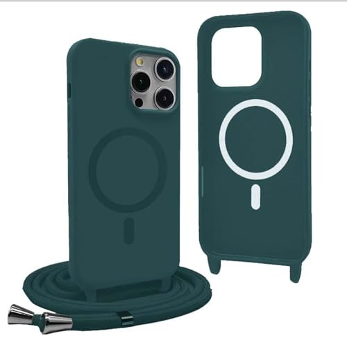 YFSYLL Handykette Hülle für iPhone 16 Pro mit Band,Magnetische Silikon Handyhülle Kompatibel mit MagSafe,Handyhülle für zum Umhängen Einstellbar und Abnehmbar - Grün