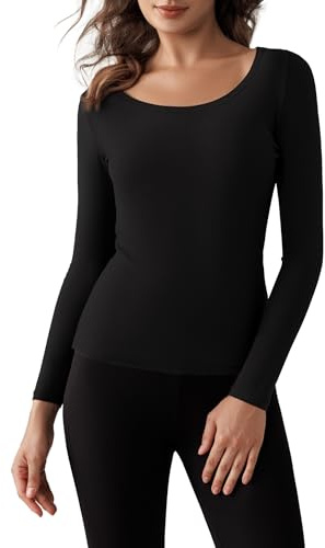 Harlamvar Rundhalsausschnitt Warme Thermounterwäsche Damen Winter Langarm Thermounterhemd Pullover Basisschicht Thermohemd Schwarz
