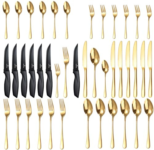 Targzier 36 teiliges Gold Besteckset,mit Schwarz Steakmesser,Edelstahl Besteck Set für 6 Personen,Spülmaschinenfest Essbesteck,Hochglanzpoliert Besteck Sets mit Messer Gabel Löffel