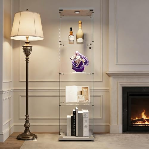 PerGar Glasvitrine Stehend, 4 Lagen Glas Vitrine Sammlervitrine Vitrinenschrank, Glasvitrine Standvitrine mit Schloss und LED-Beleuchtung, Vitrine für Wohnzimmer Büro, Weiß,164x42.5x36.5cm
