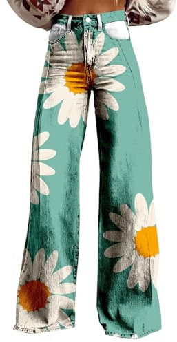 Generisch Pantalon en jean des années 70 pour femme - Taille haute - Ample - Jambes larges - Style bohème - Avec fleurs - Confortable - Pour femme - Pour l'extérieur - Streetwear - Pantalon de loisirs