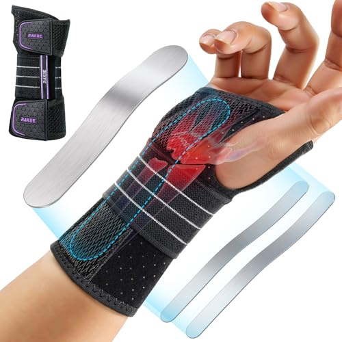 Rakiie Breathable Wrist Support Brace with 3 Metal Splints | Adjustable Carpal Tunnel Wrist Splint, No Thumb Pressure, Day & Night Support for Tendonitis and Sprains Purple M Right