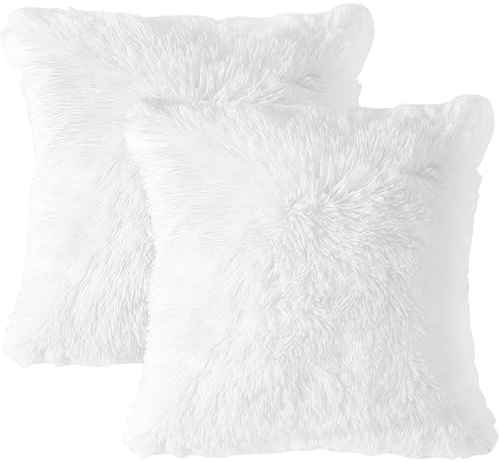 Tivleed White Cushion Covers, 2 Packs Fluffy Plush Pillow Cover 45x45cm (18x18), Luxury White Faux Fur Throw Pillow Case Square Cushion Cover for Sofa Bed with Zipper, Home Decorative