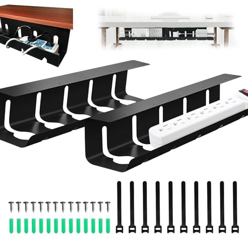 2 Pièces Cable Management Bureau, Goulottes de Câbles de Bureau en Métal avec Vis, Serre-Câbles Range Cable sous Bureau Chemin pour Gestion Câbles Lieu de Travail et Ordre Bureau, Noir