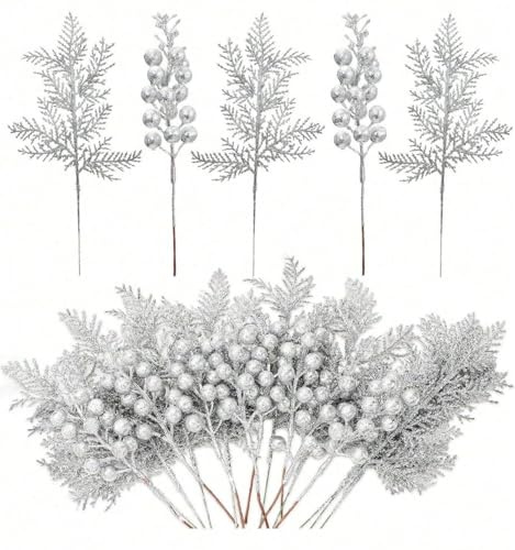 Flores Artificiales Navideñas para Decoración del Hogar – Juego de 7, 10 o 20 Piezas con Brillo, Nieve Artificial o Acabado Liso – Adornos para Árbol de Navidad, Corona, Mesa y Hogar. (Plateado)