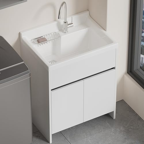 Lavello per Lavanderia in Ceramica Bianca con Ripiano Portaoggetti, Lavabo Bagno Autoportante con Mobiletto per Lavanderia, Ripostiglio, Garage, 60 x 55 x 85 cm