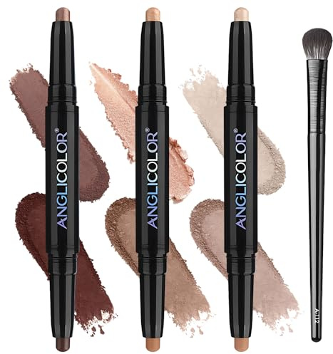 3Pcs Lidschatten Stift Eyeshadow Stick Lidschattenstift Glitzer Lidschatten Stift Matt Lidschatt-en Stick Doppelseitiges Design Wasserfest Wischfest Langanhaltend,Shimmer/Matte mit 1 Lidschattenpinsel