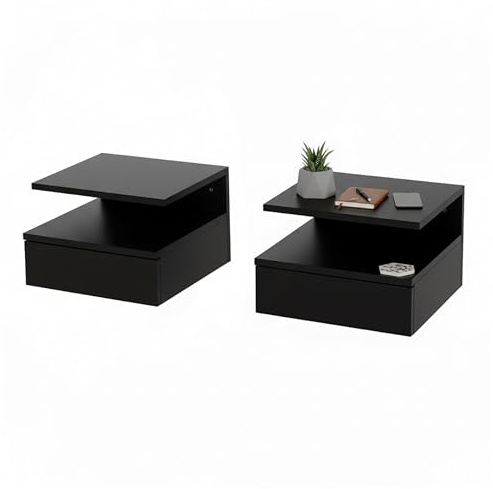 Baroni Home Set mit 2 schwarzen Nachttischen zur Wandmontage mit Schublade und 2 Regalen, moderne, platzsparende Nachttische für Schlafzimmer, robuste MDF-Platte, einfache Montage, 32 x 35 x 23 cm