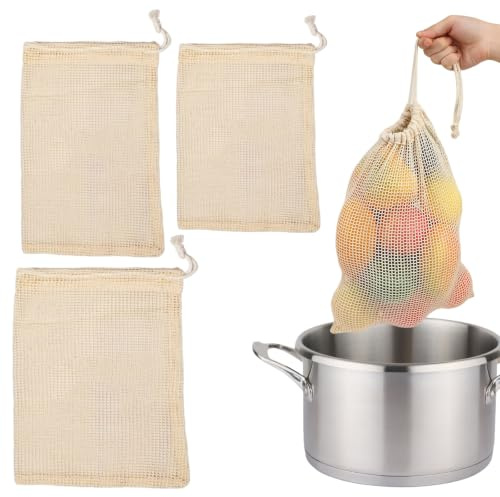 Mesh Kochen 3 Stück Wiederverwendbare Kochbeutel, 30 x 25 cm, 30 x 20 cm und 25 x 20 cm, Netztasche Zum Kochen Von HüLsenfrüchten, Waschbar Baumwollbeutel für gekochte Kichererbsen, Suppen, Eintöpfe